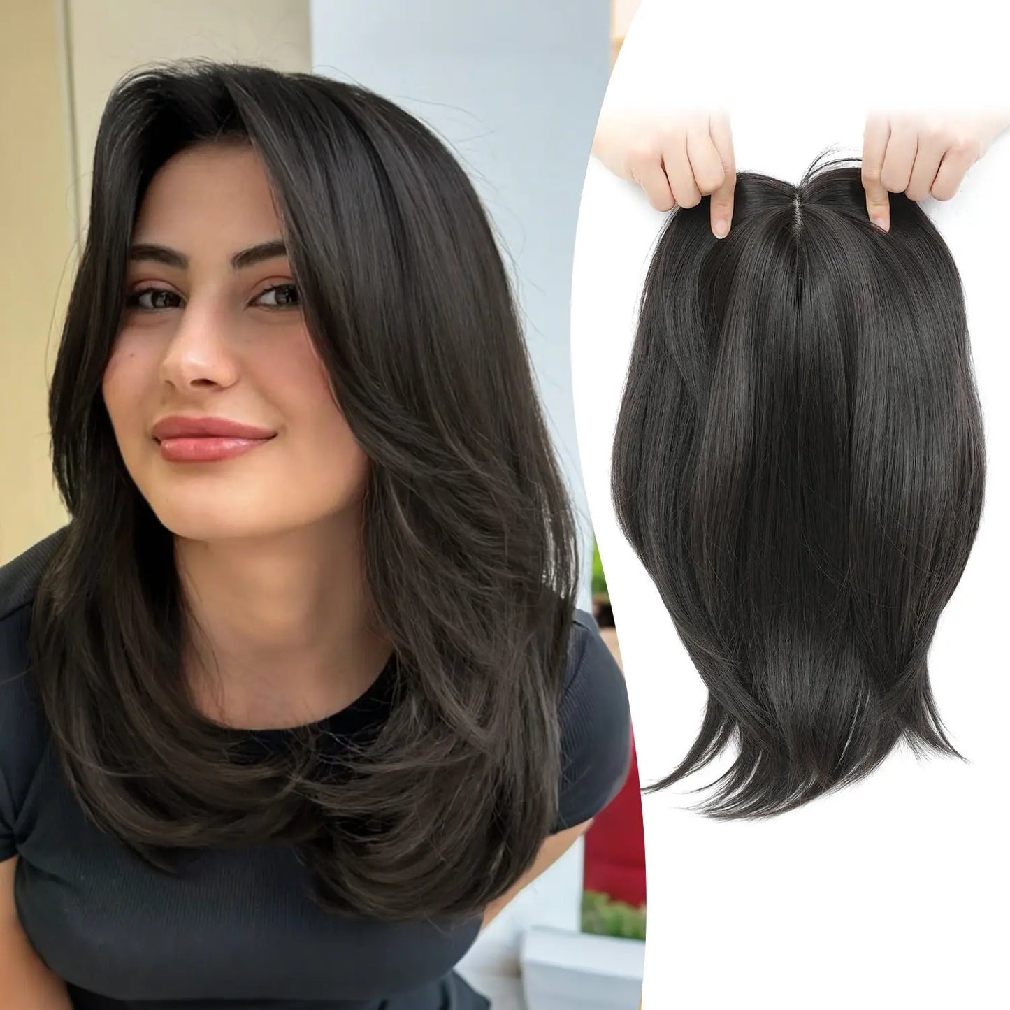 Large Base Hair Topper with Bangs – Synthetic Hair Piece for Thinning Hair